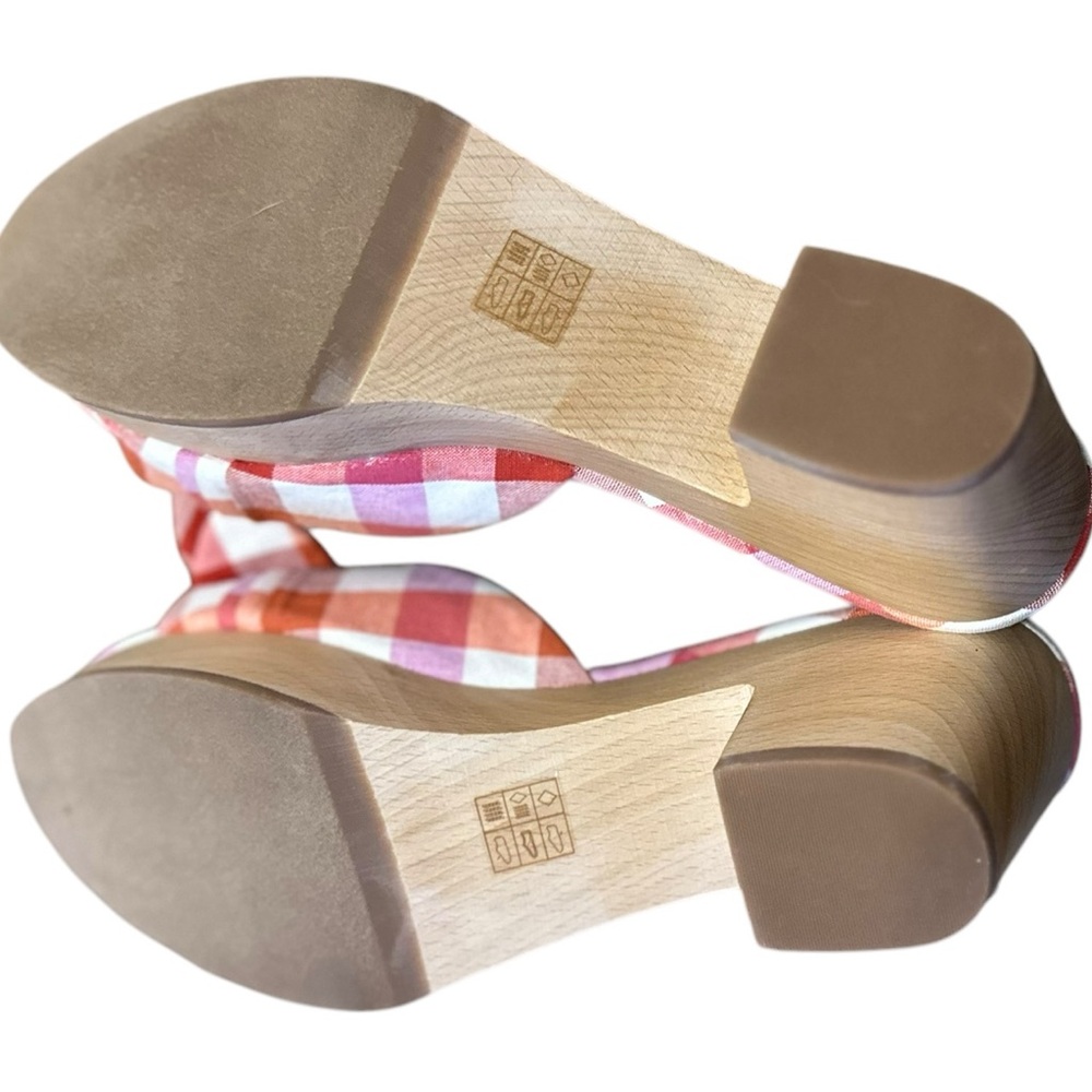 J.CREW pink plaid gingham bow open toe slip on wooden sole chunky heel sz 9 NWOT - Picture 6 of 8